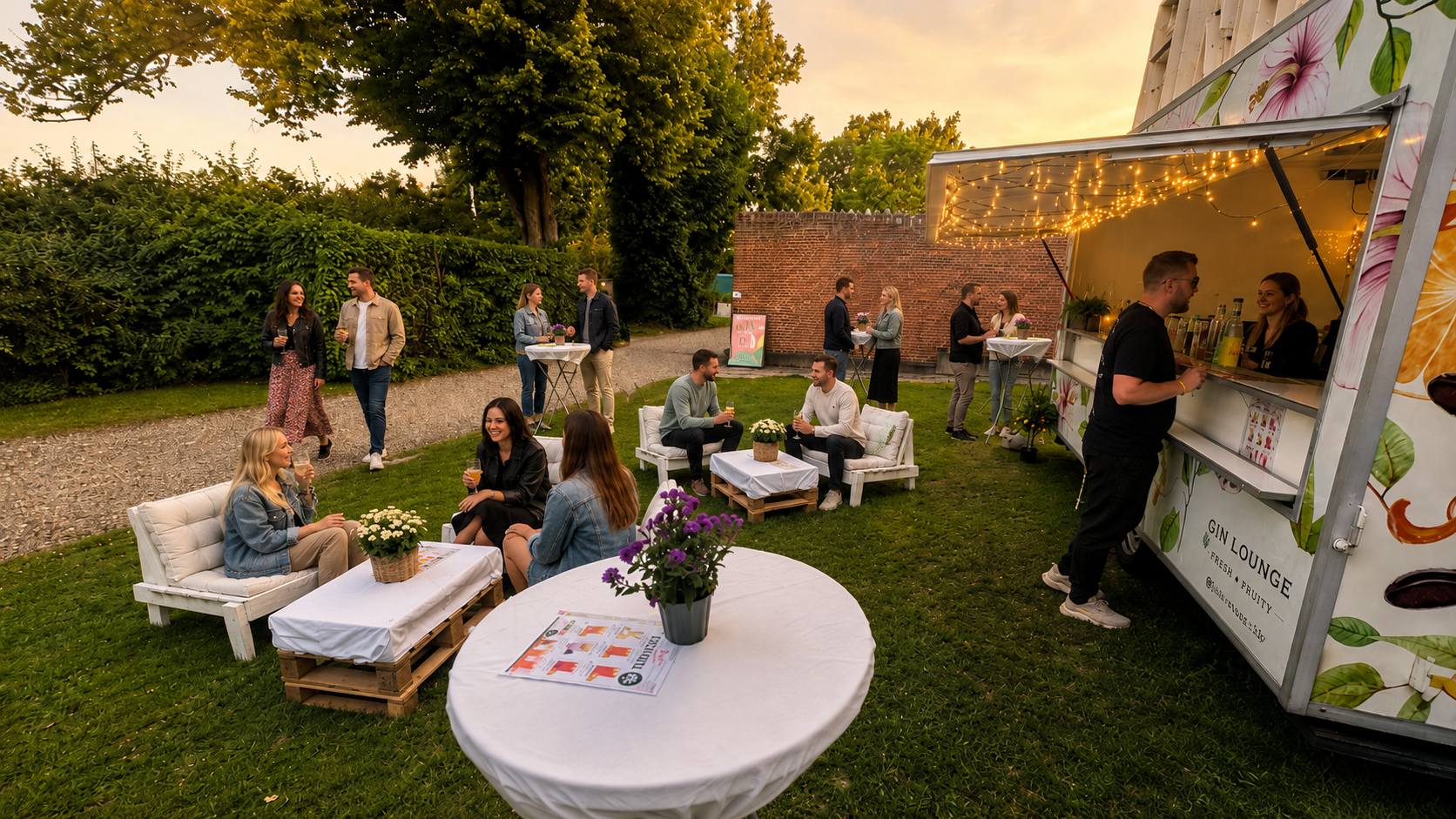 Gæster hygger sig i Gin Lounge ved den mobile ginbar, loungemøbler og højborde