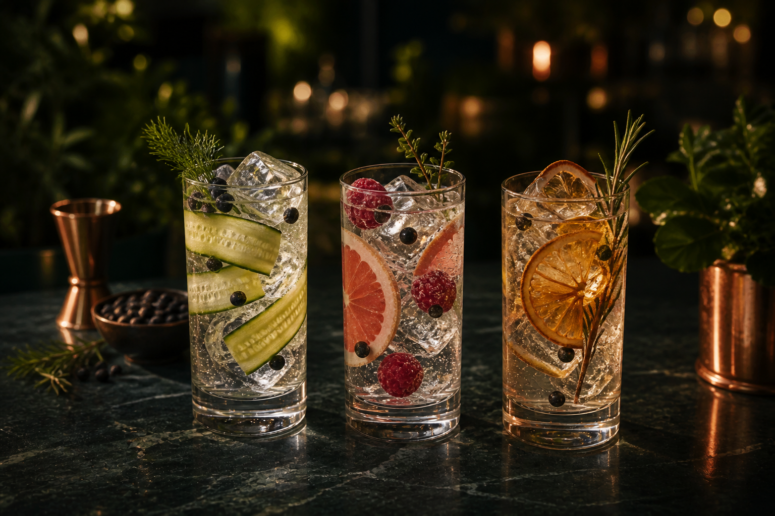 Tre gin og tonic-serveringer med agurk, grapefrugt, hindbær, appelsin, rosmarin og enebær